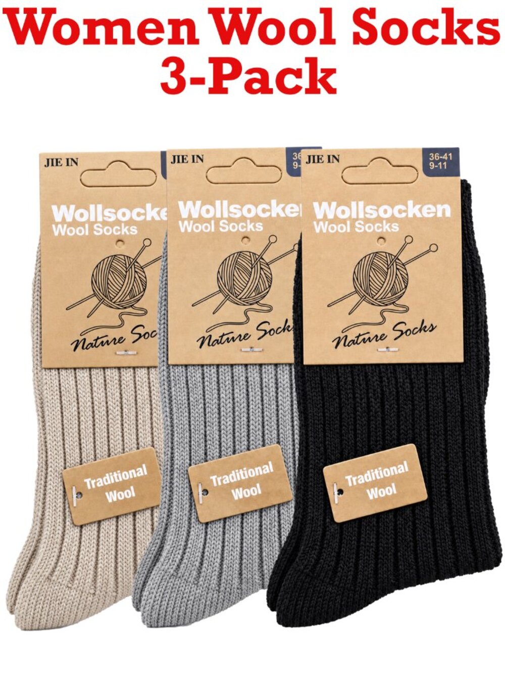 Women’s Wool Blend Socks Size 9-11, 3-Pack Winter Cold Weather Socks, Warm Cozy